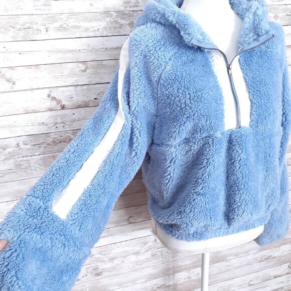BP Womens Soft Sherpa Hoodie S 1/4 Zip Blue White 561A - Picture 2 of 5
